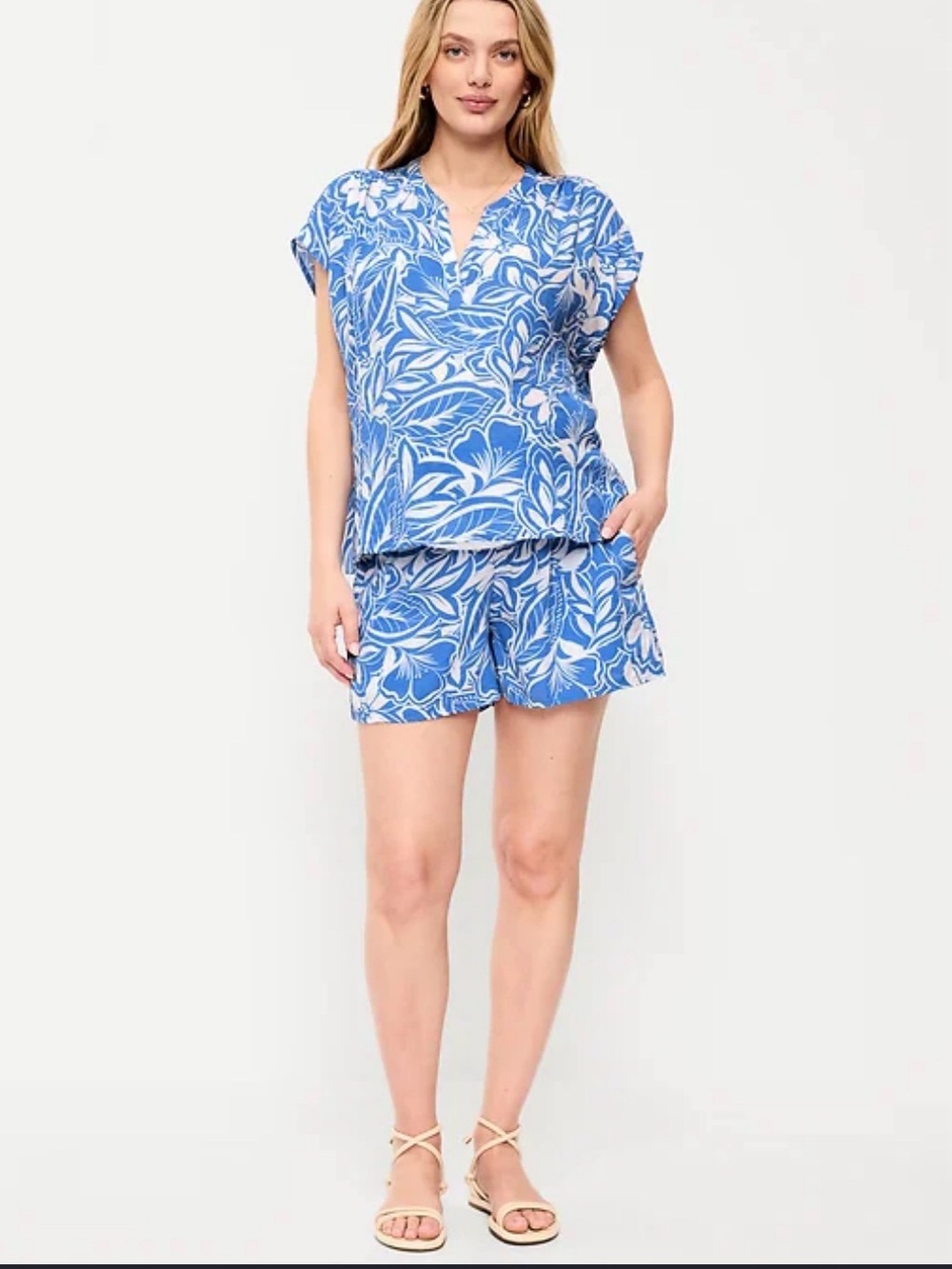 Old Navy Blue Floral V-Neck Guaze Cotton Top and Shorts Set
